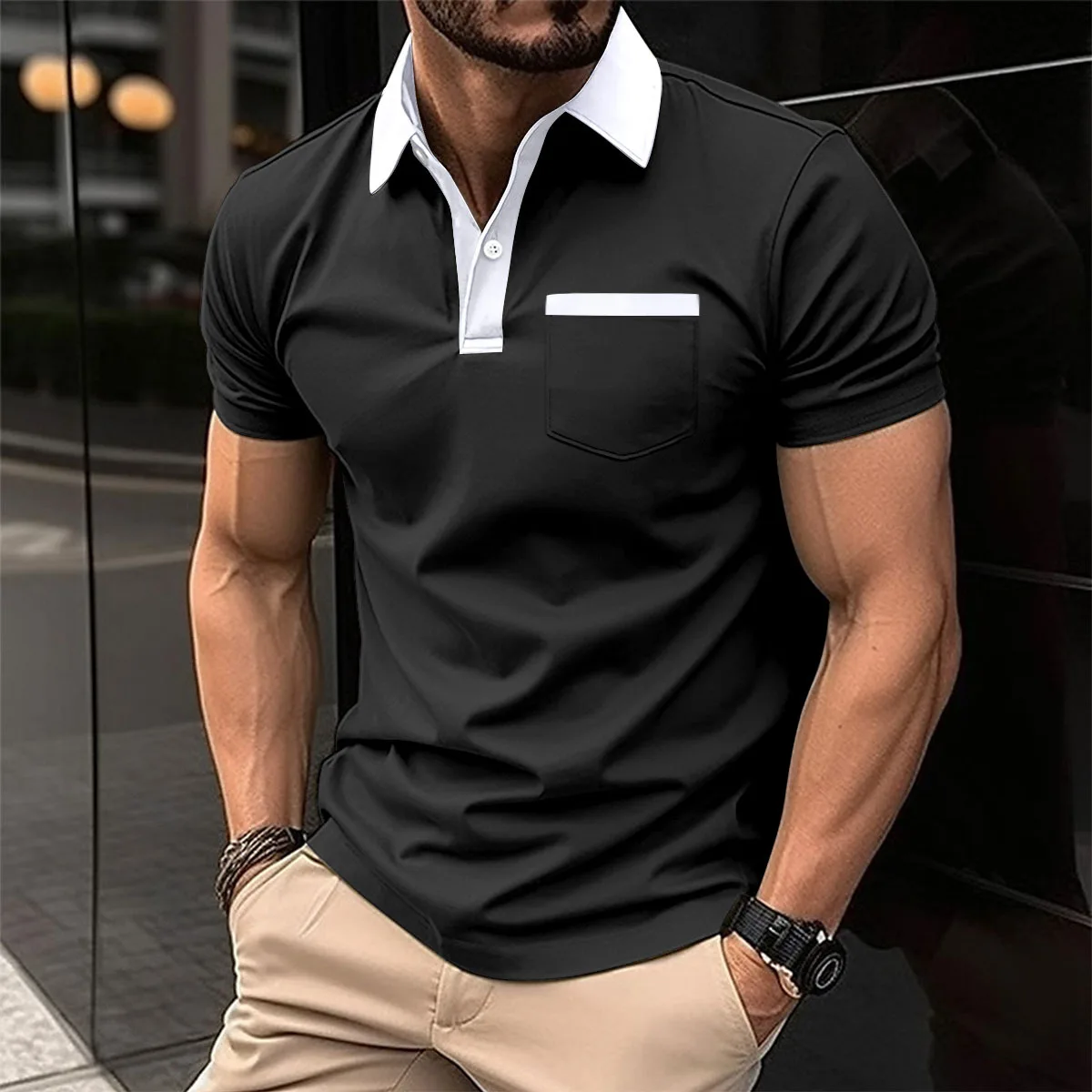 2025 new men's lapel fashion slim T-shirt pocket color matching short-sleeved men's solid color T-shirt POLO shirt