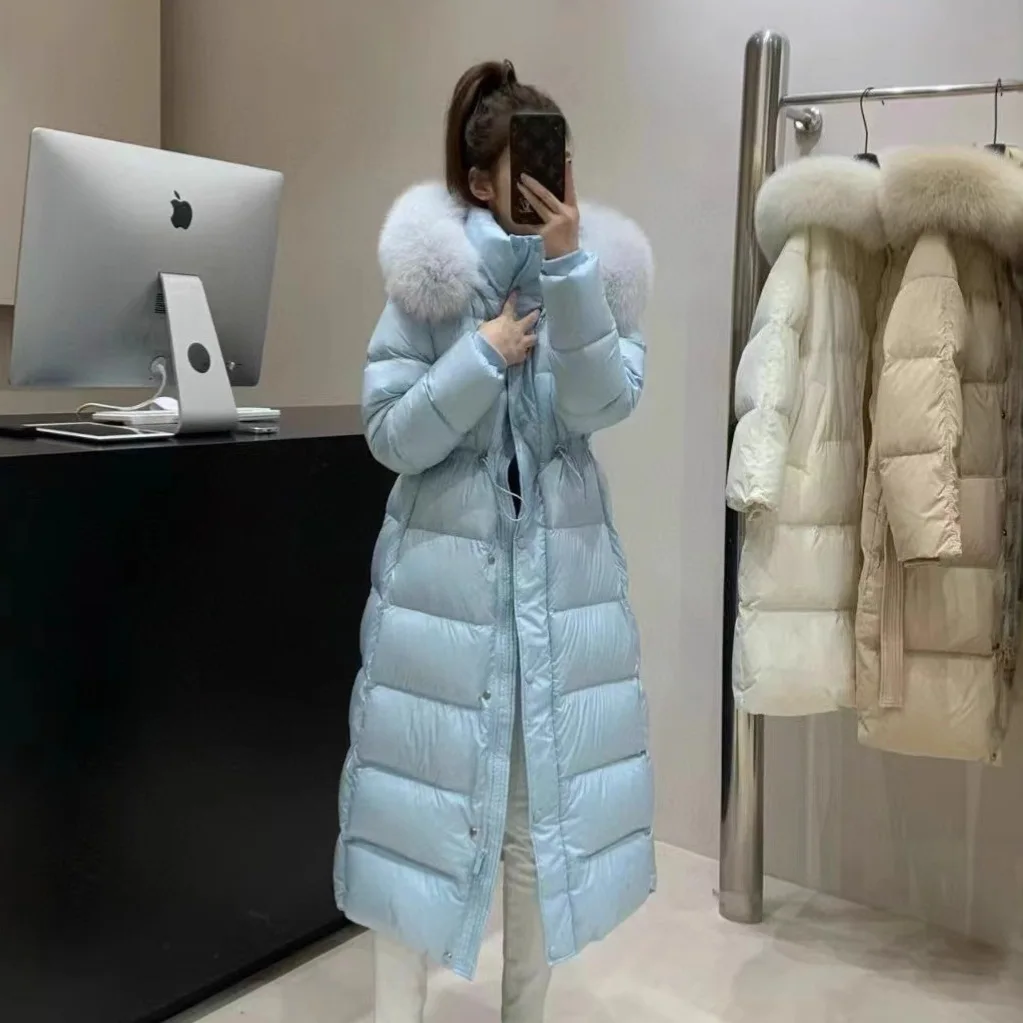 2026 90 % weißer Entendaunenmantel über dem Knie, Kapuze, Schneeparka, Winterhandschuh, echter Fuchspelzkragen, Daunenjacke für Damen
