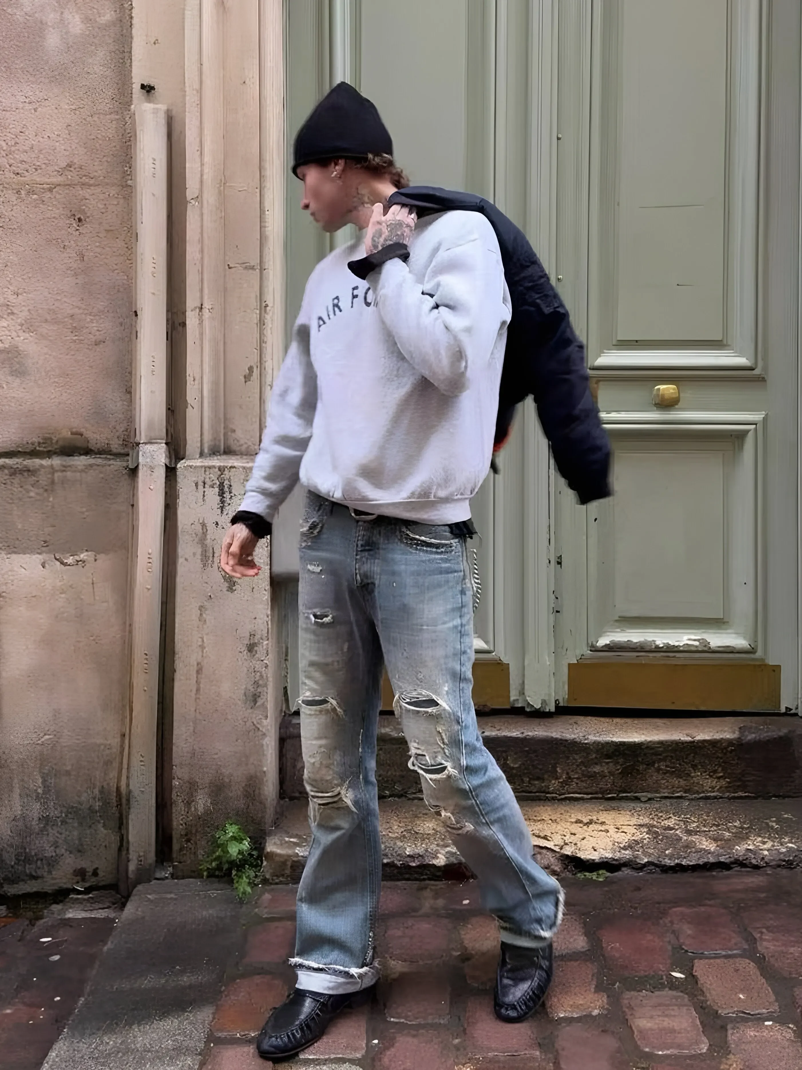 No faith studios American washed worn ripped and slightly splashed ink straight jeans