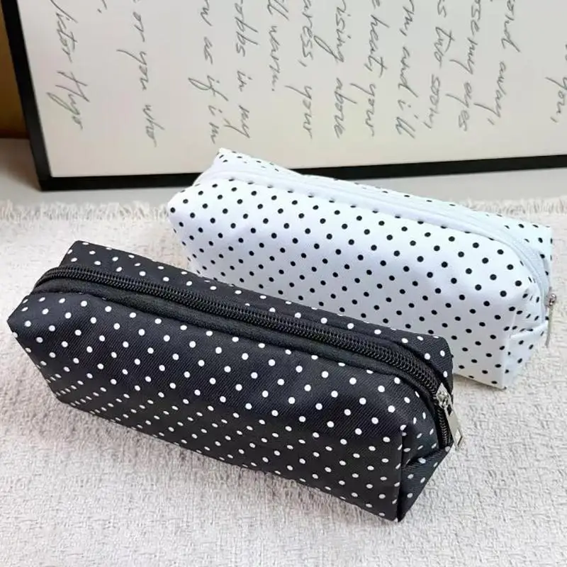 Polka Dot Pencil Case Set Large Capacity Canvas Zipper Pen Pouch For Students School Office Travel Makeup Storage