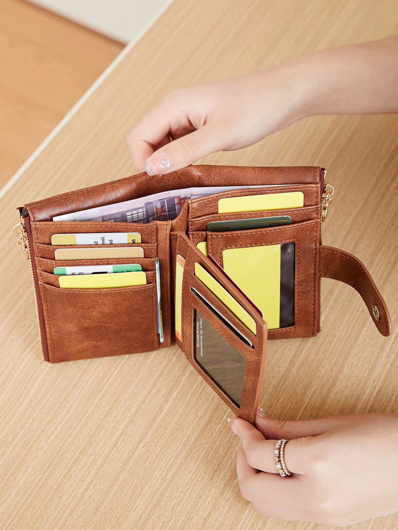 Minimalistische Damen-Geldbörse, kurz, dreilagig, großes Fassungsvermögen, Doppelreißverschluss, Kartenhalter, Ausweis, Kreditkartenetui, Geldbeutel – Detail 16