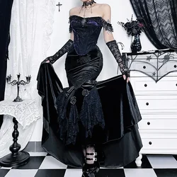 Mall Goth Velvet Fishtail Skirt Women Vintage Jacquard Hip Wrap Fairy Grunge Skirt Victorian Ladies Steampunk Long Skirt