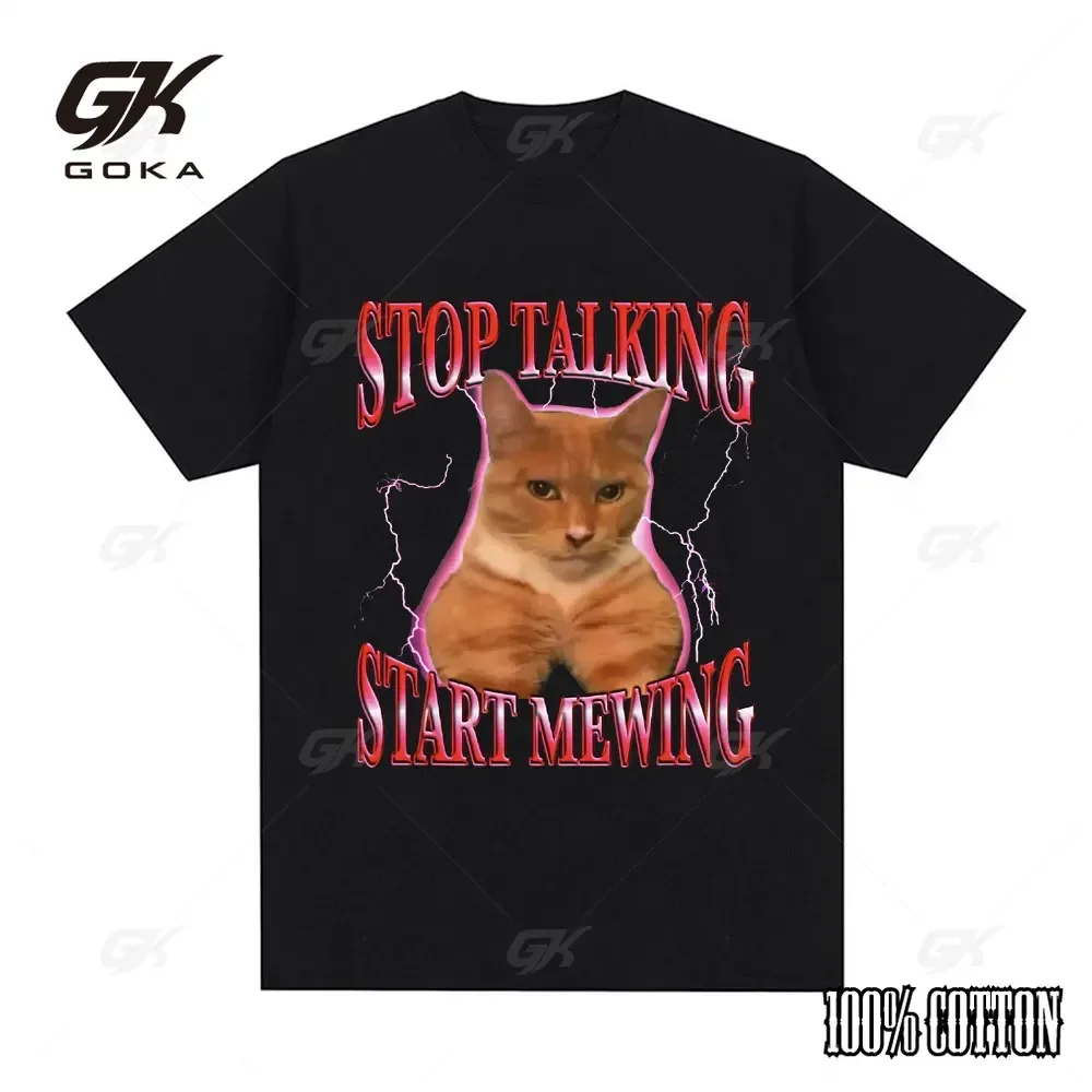 Stop Talking Start Mewing T-shirt Fun and Cute Cat Emoji Short sleeved Tshirts Comfortable Loose men clothing