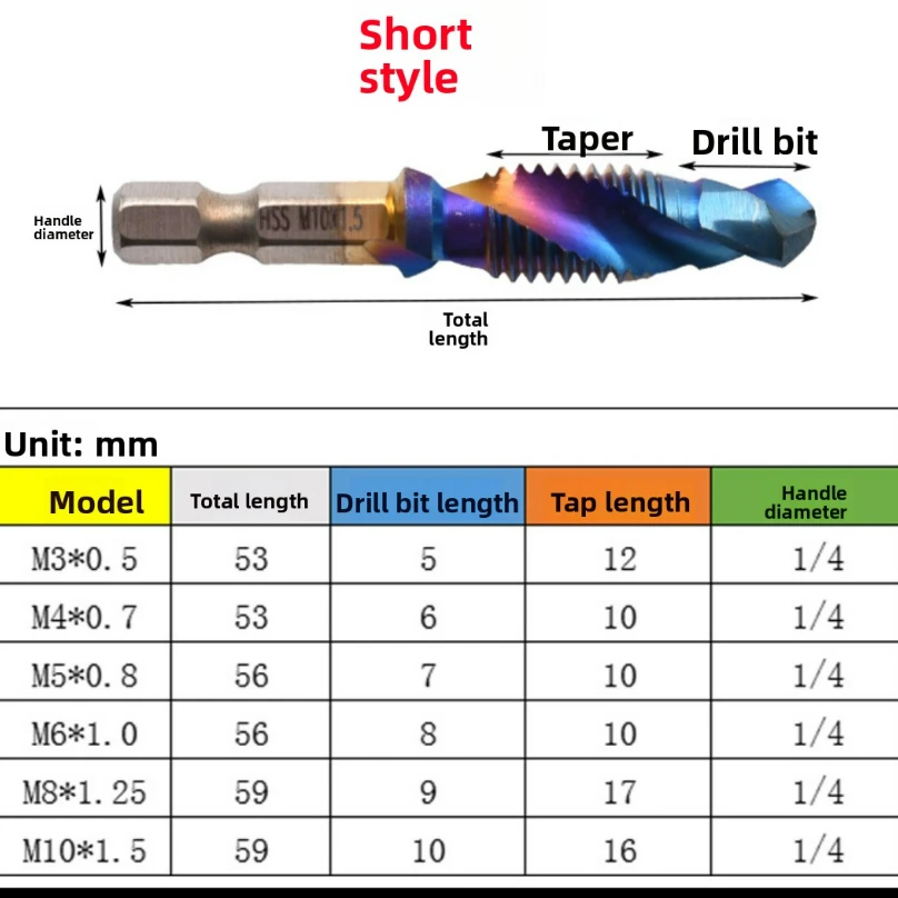 Hex Shank Titanium Plated HSS Screw Thread Metric Tap Drill Bits Screw Machine Compound Tap M3 M4 M5 M6 M8 M10 Hand Tools
