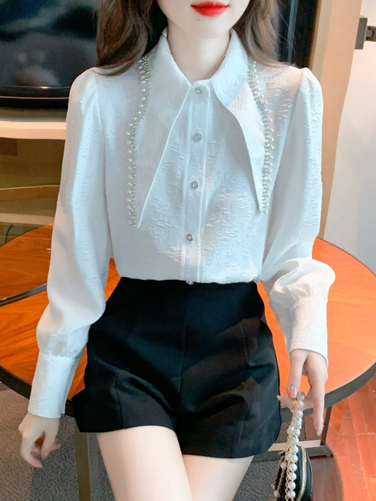 SMTHMA New Autumn Luxury Beaded Diamond Blouse Shirt For Women's Long Sleeve Versatile White Elegant  Top