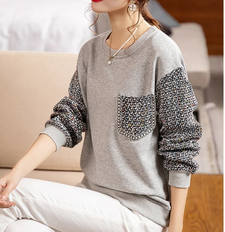 

Fashion Loose Sweatshirts Women Autumn Grey Pullovers Woman Spring Gray Sweatshirts Tops