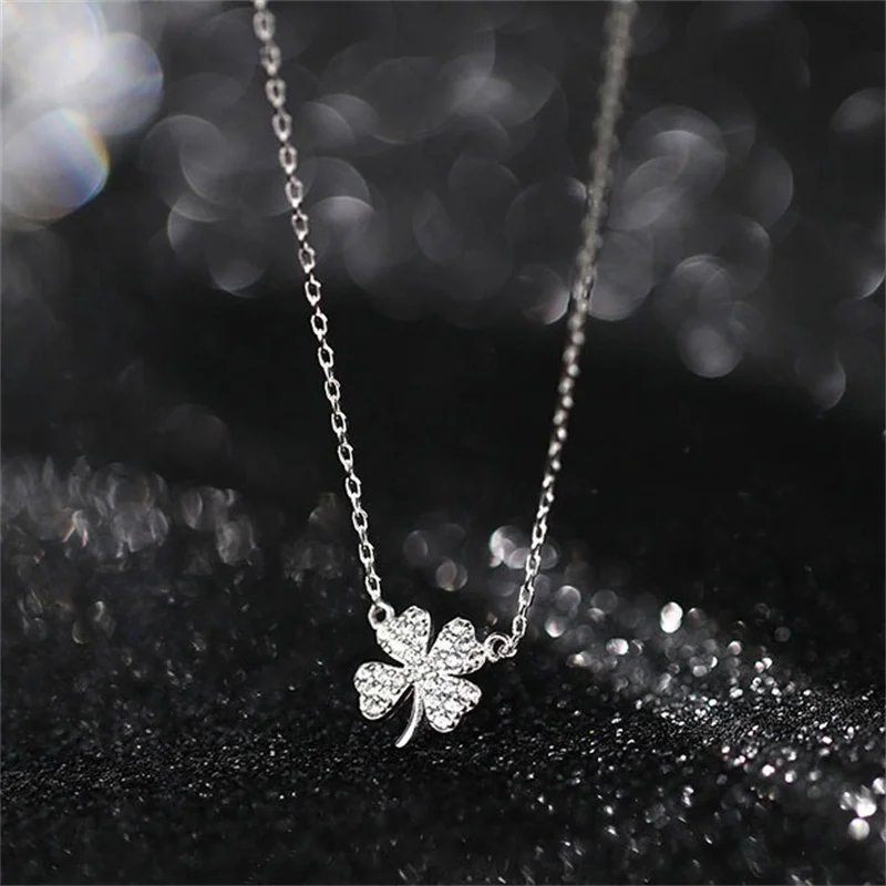 Four-leaf Clover Luck Leaves Sweater Chokers Necklace Crystal Zircon Pendant Chain Necklace For Women Jewelry