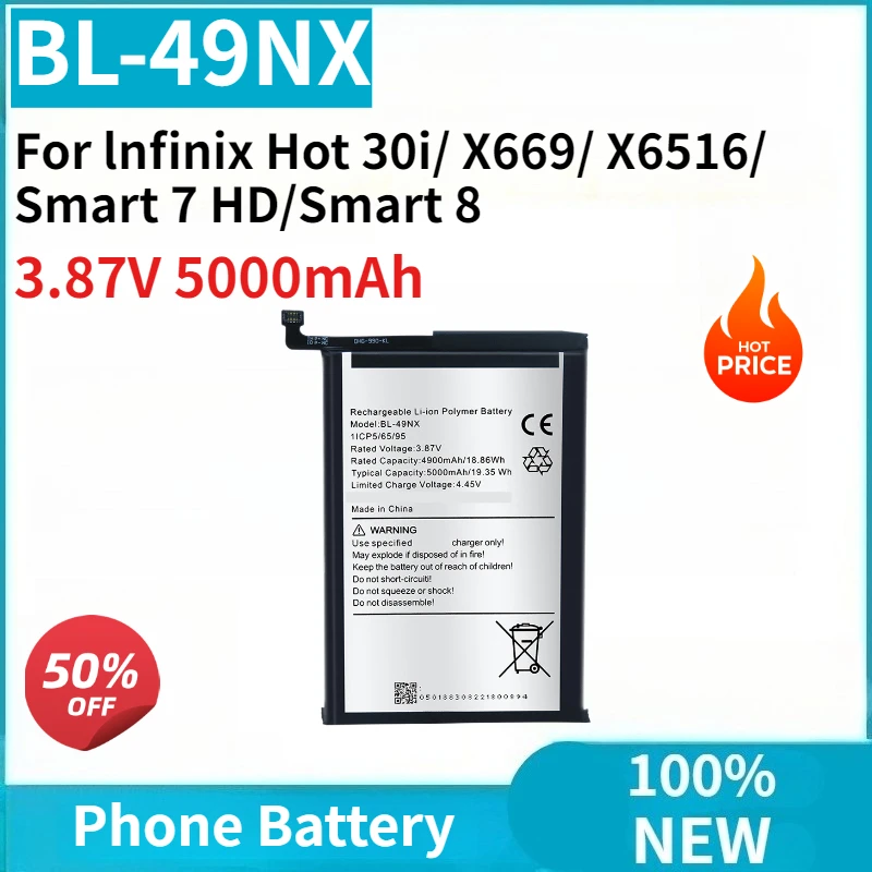 

Brand-New BL-49NX 3.87V 5000mAh Replacement Battery For lnfinix Hot 30i/ X669/ X6516/smart 7 HD/smart 8 phone Batteria