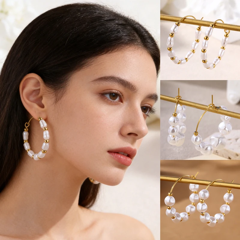 Nextvance Elegant Imitation Pearl Beaded Hoop Earrings for Women Gold Plated Stainless Steel Dainty Wedding Jewelry Gifts