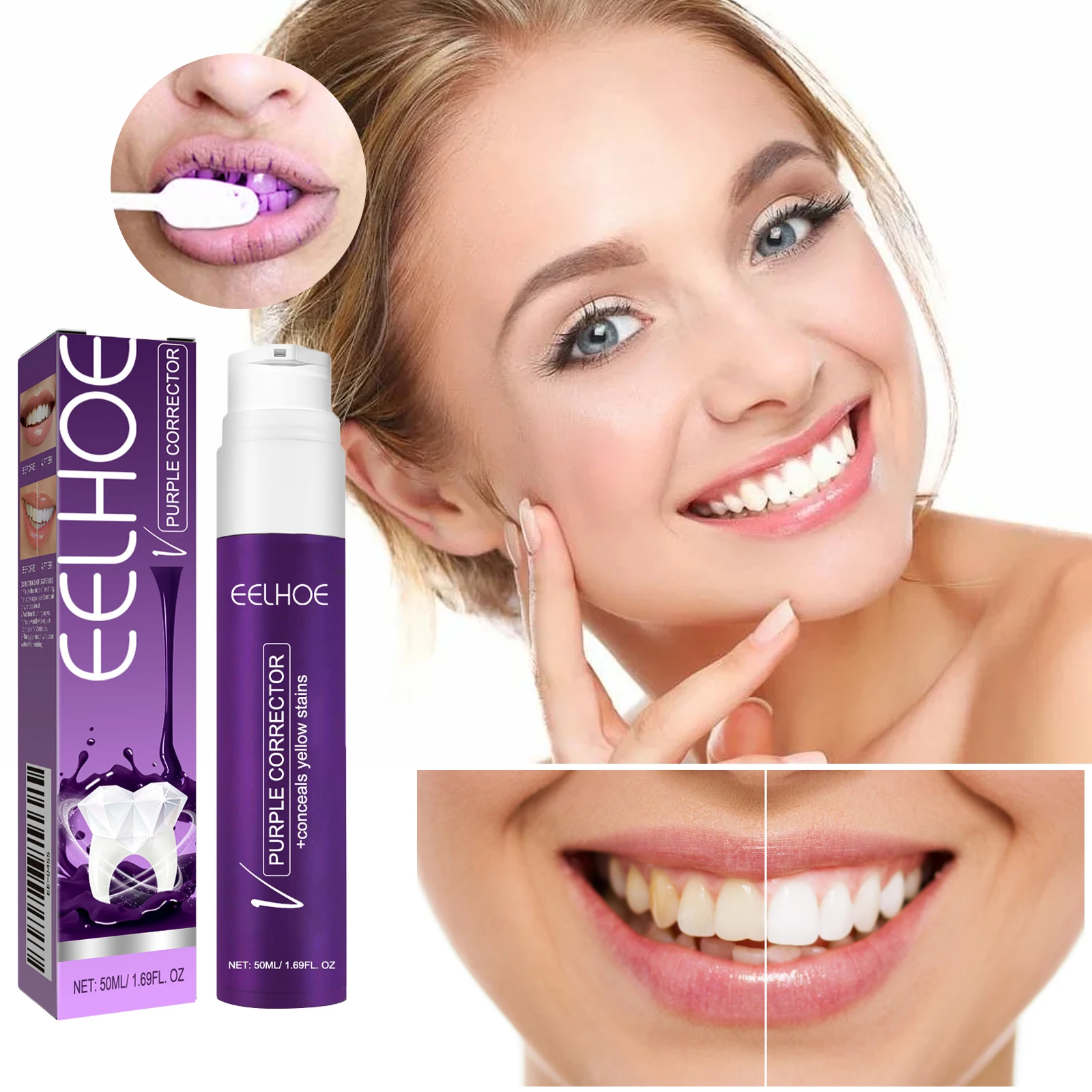 EELHOE V34 50ml Purple Whitening Toothpaste Reduce Yellowing Remove Stains Fresh Breath Brightening Teeth Care For Teeth Gums