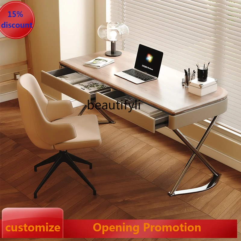 

Saddle leather solid wood desk light luxury modern simple bedroom computer desk home study writing desk G1218