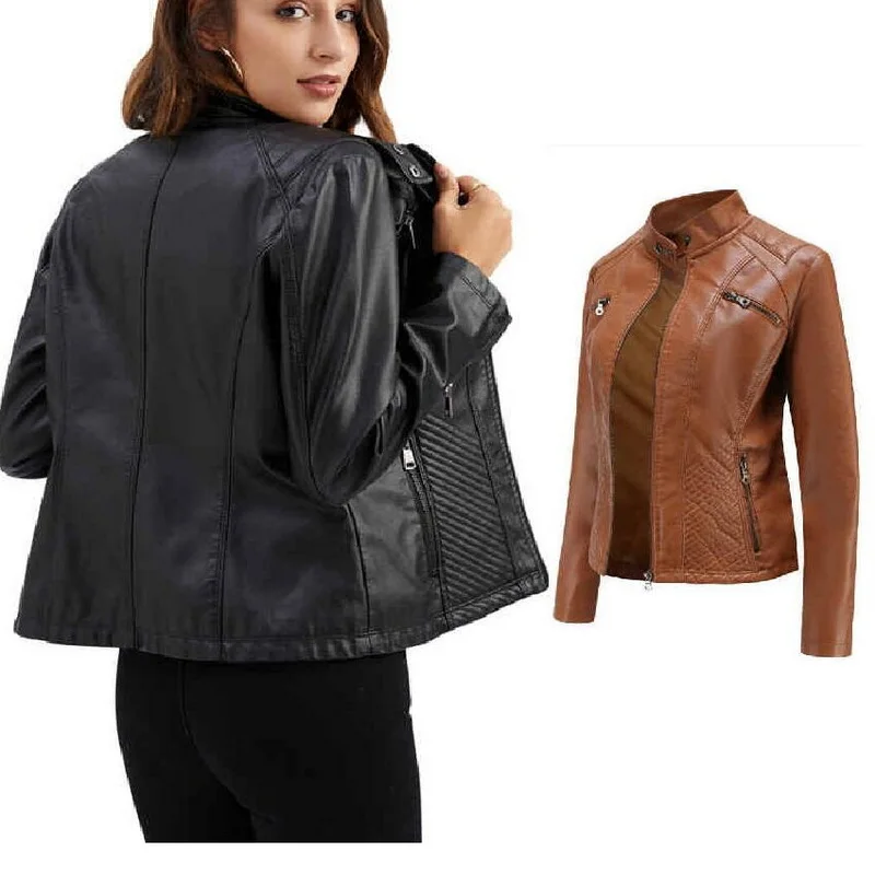 Ladies' Casual Faux Leather Jacket Stand Collar PU Washed Leather Tops EU Size XS-2XL