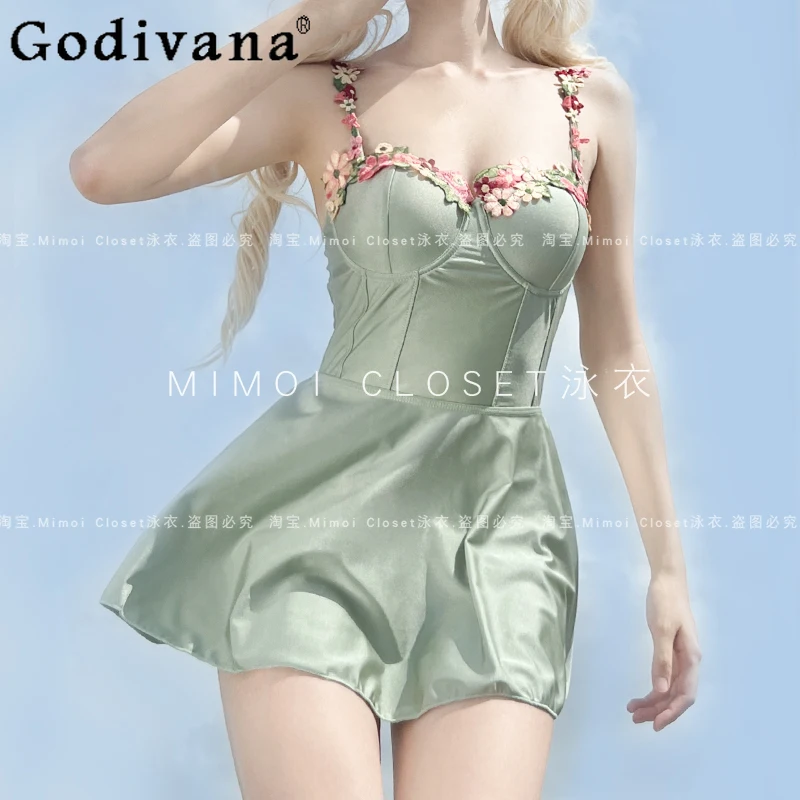 

Summer New Elf Green V-neck Three-dimensional Flower One-piece Suspender Swimsuit Girl Slim High Waist Seaside Party Swimwear