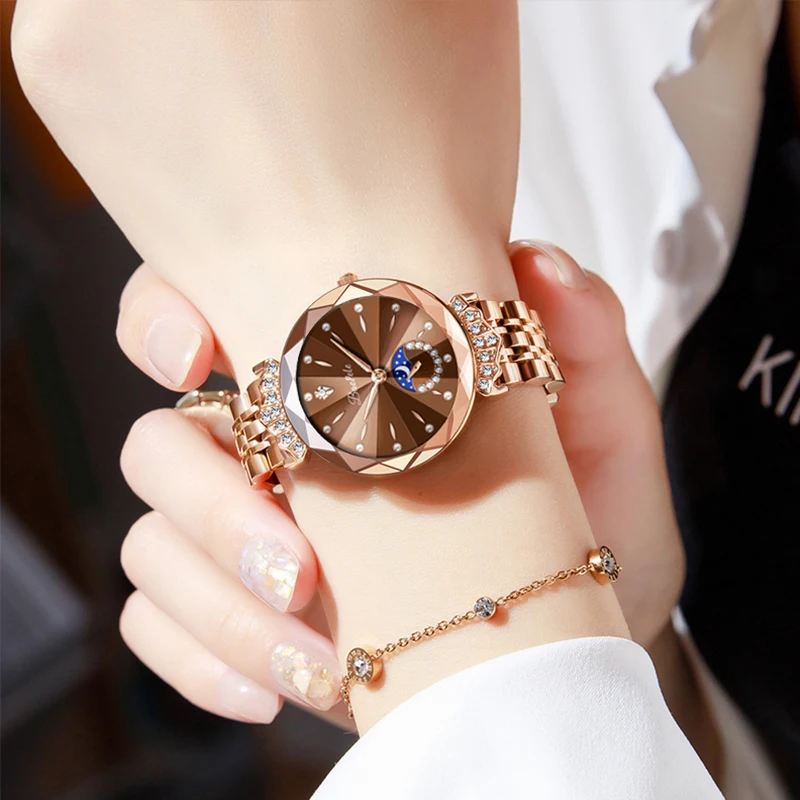 Elegant Women Watch Golden Steel Original Brands Fine Handwatch Female Fashion Gifts Waterproof Luxury Ladies Wristwatches Brown