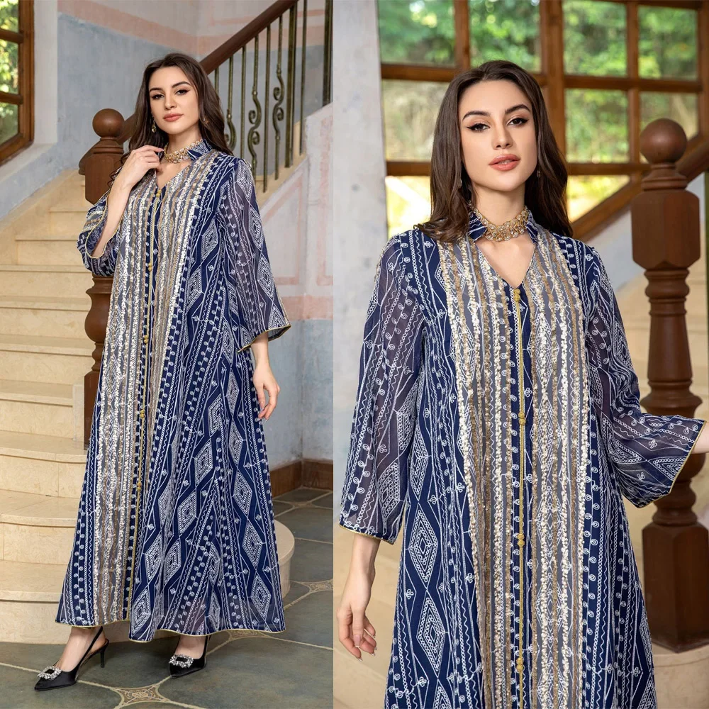 

Ethnic Sequins Embroidery Abaya Stand V-neck Evening Dress Loose Gown Gorgeous Caftan Femme Jalabiyat Pullover Musulmane Robe
