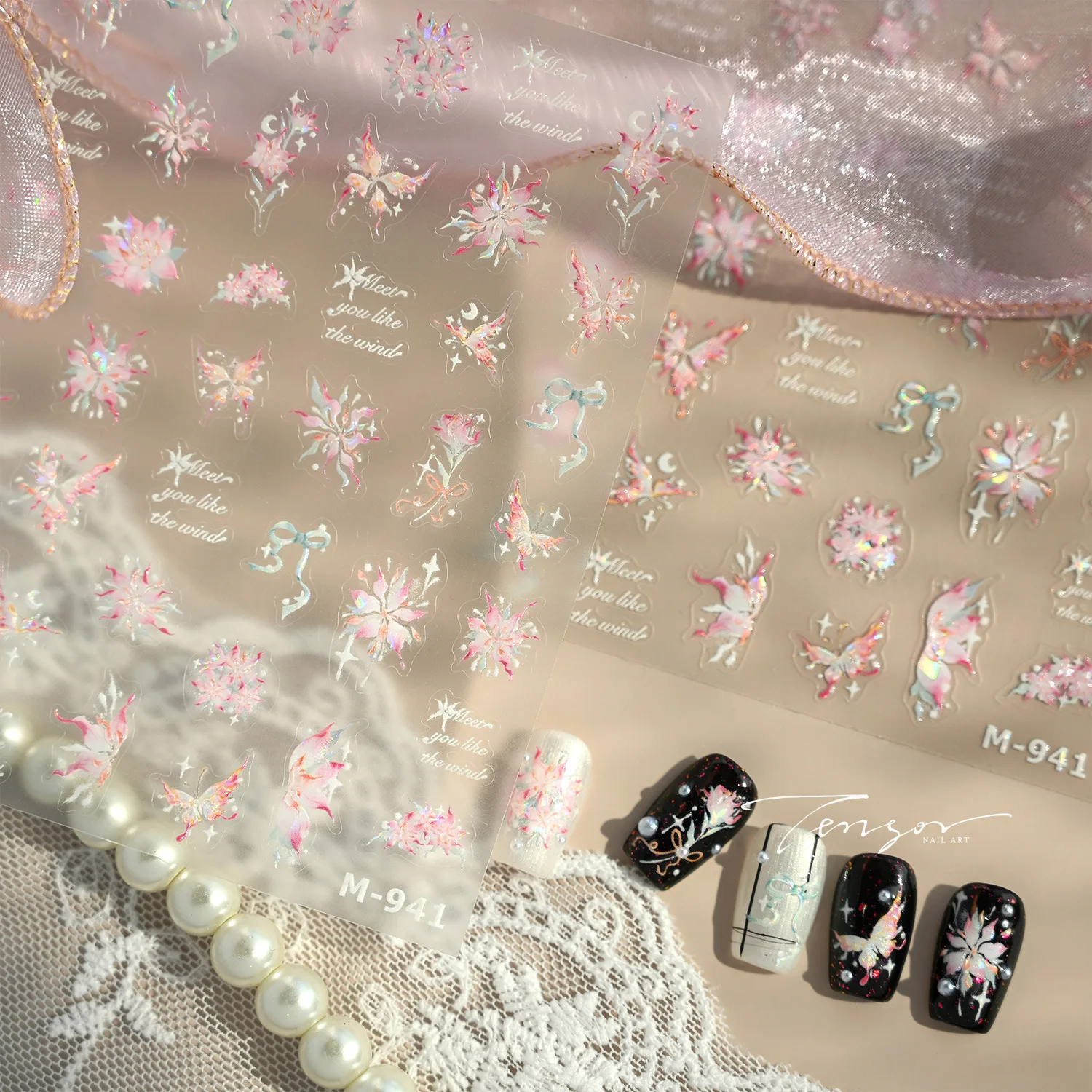 Dressy Chinese Style Pink Flower Butterfly Bowknot Magnolia Flower Wildflower Shimmering Pearl Nail Art Stickers Manicure Decals