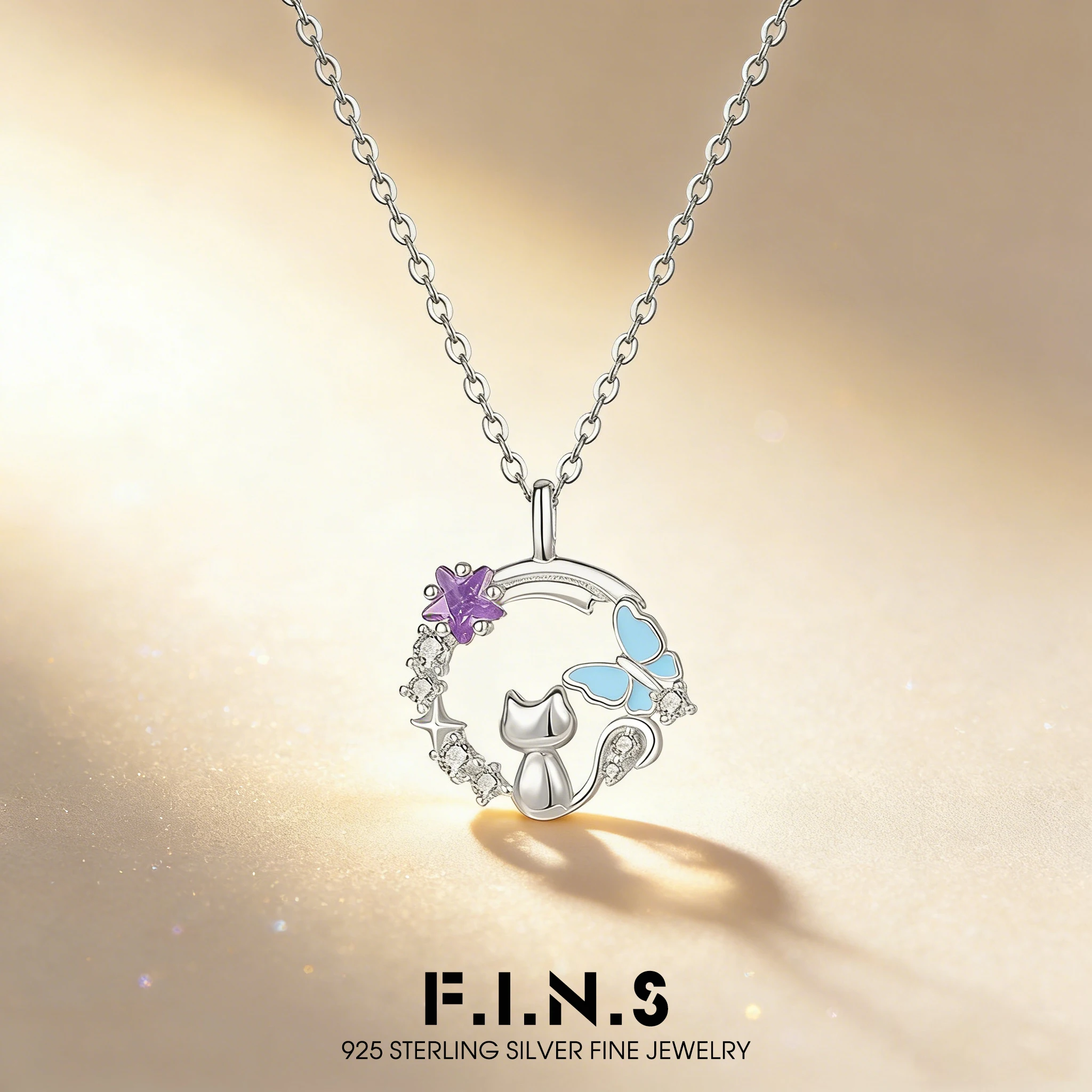 

Оригинальное ожерелье F.I.N.S из стерлингового серебра S925 с изображением звезды, кошки и бабочки для женщин, изысканные роскошные круглые подвески, ювелирные изделия, подарки