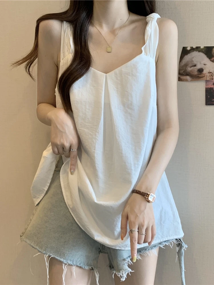 

Women's Summer Sleeveless V-Neck Tank Top Large Size Conceal Belly Design Sense Outerwear Strap Vest Slimming Base Shirt