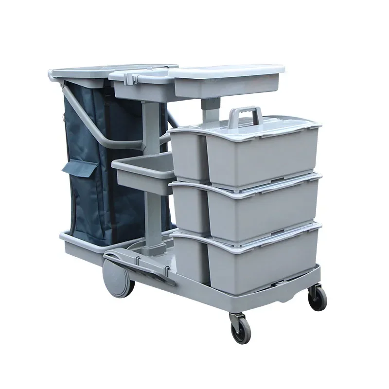 Professional Janitorial Supplies Commercial Plastic Cleaning Trolley With Trash Bag For Hospital Hotel Airport