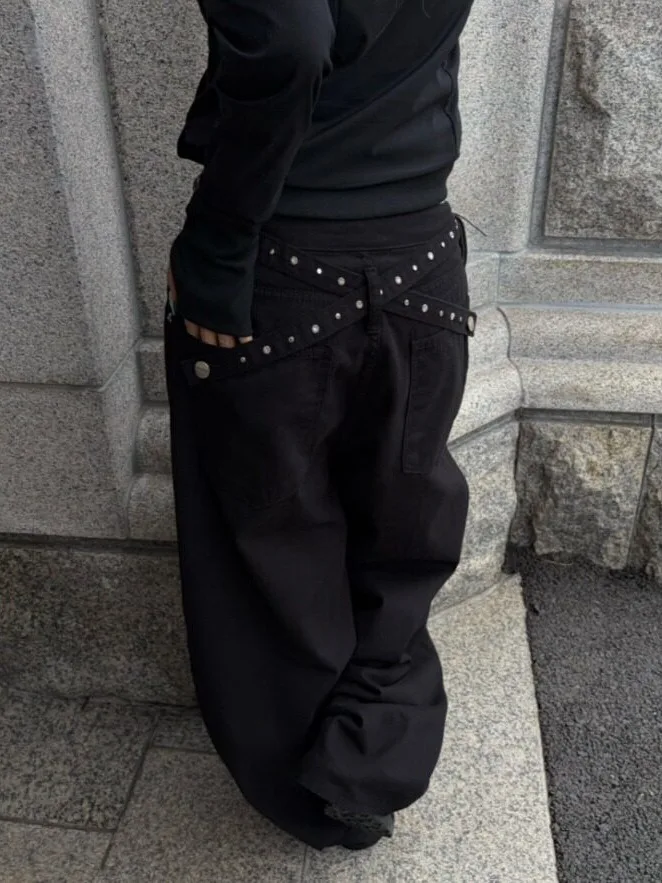 Korean Style Casual Loose Wide Leg Jeans Backside Beaded Cross High Waist Denim Pants Women's Premium Fashion Spring Autumn