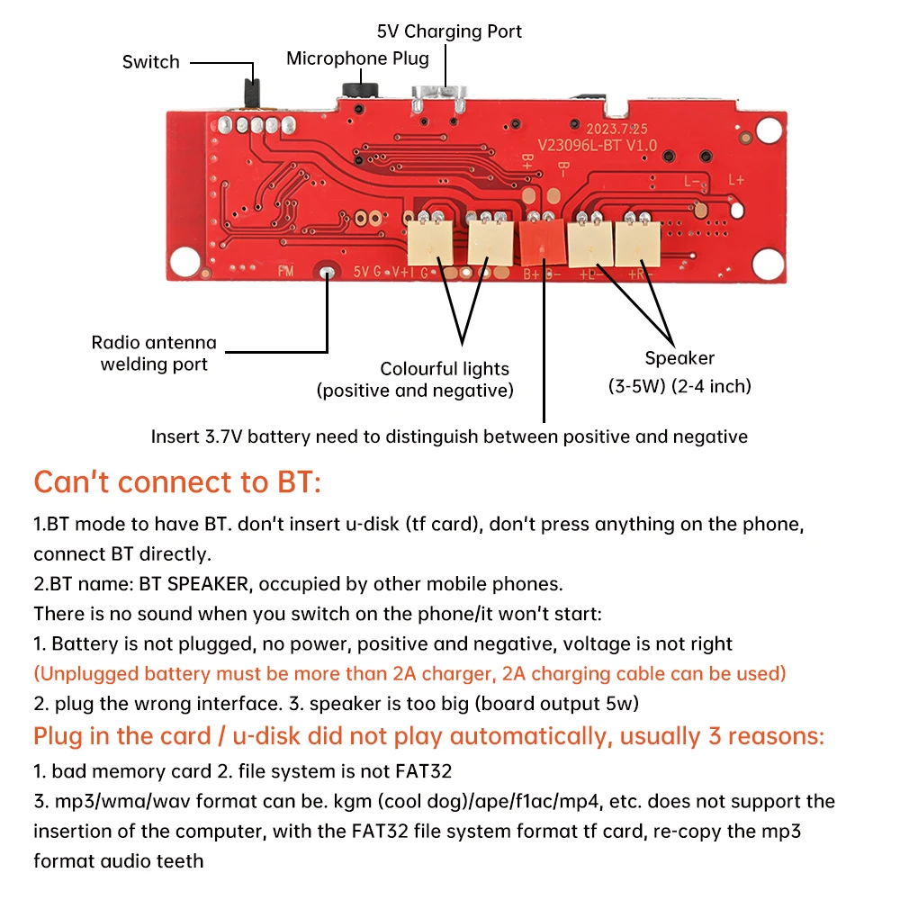 Плата усилителя Bluetooth V96, двуусилитель, многофункциональный аудиоплеер, плата управления, интерфейс зарядки Micro USB, домашний усилитель