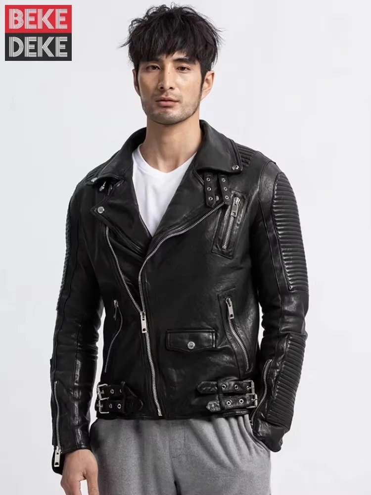 Design Runway Luxury Mens Sheepskin Genuine Leather Jacket Fashion Slim Fit Short Zippers Moto Biker Coat Punk Style Outwear