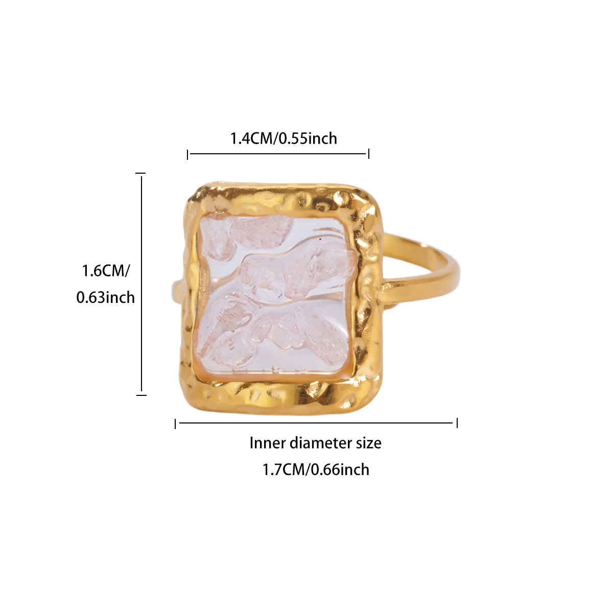 Boho-Ringe aus natürlichem Kies, Damen, Edelstahl, goldfarben, strukturiert, quadratisch, mit Harz- und Emaille-Elementen, verstellbar, ästhetischer Schmuck. – Detail 2