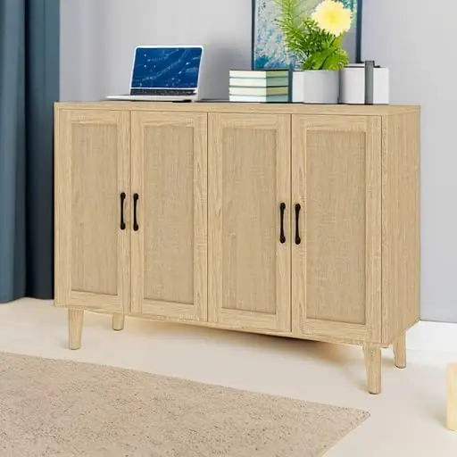 Buffet Storage Cabinet with Rattan Decorating 4 Doors Living Room Kitchen Sideboard 48.43 x 34.65 x 15 inch (Natural Wood)