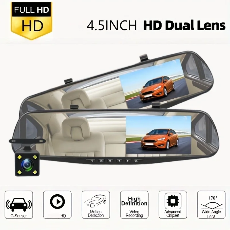Multifunctional Dashcam | HD Wide-Angle Dual Recording, Rearview Mirror, Parking Assistance, Motion Detection