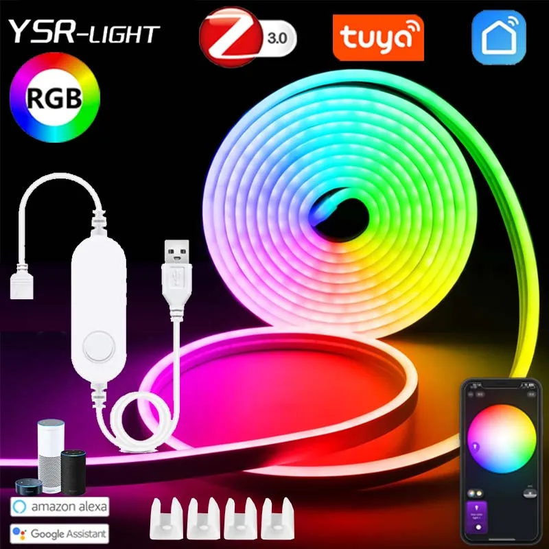 

USBDC5V Zigbee RGB Неоновая полоса Гибкая Solf No Dark Area Tuya App/Гулосовое управление Подсветка Декор комнаты для Google Alexa Smart Life