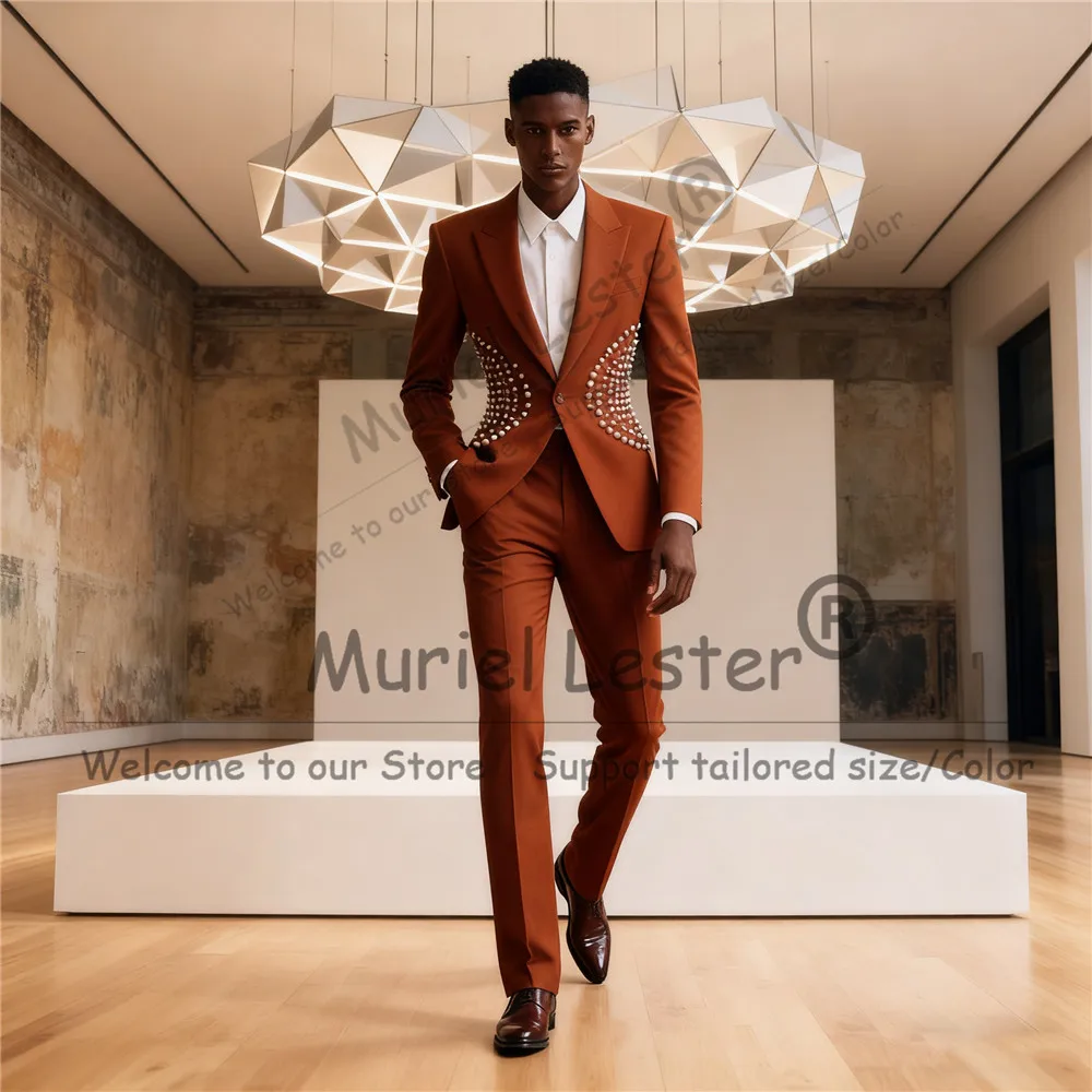 

Unique Design Pearls Wedding Suits For Men 2 Piece Set Single Breasted Jacket Pants Customized Man Banquet Groom Wedding Tuxedos