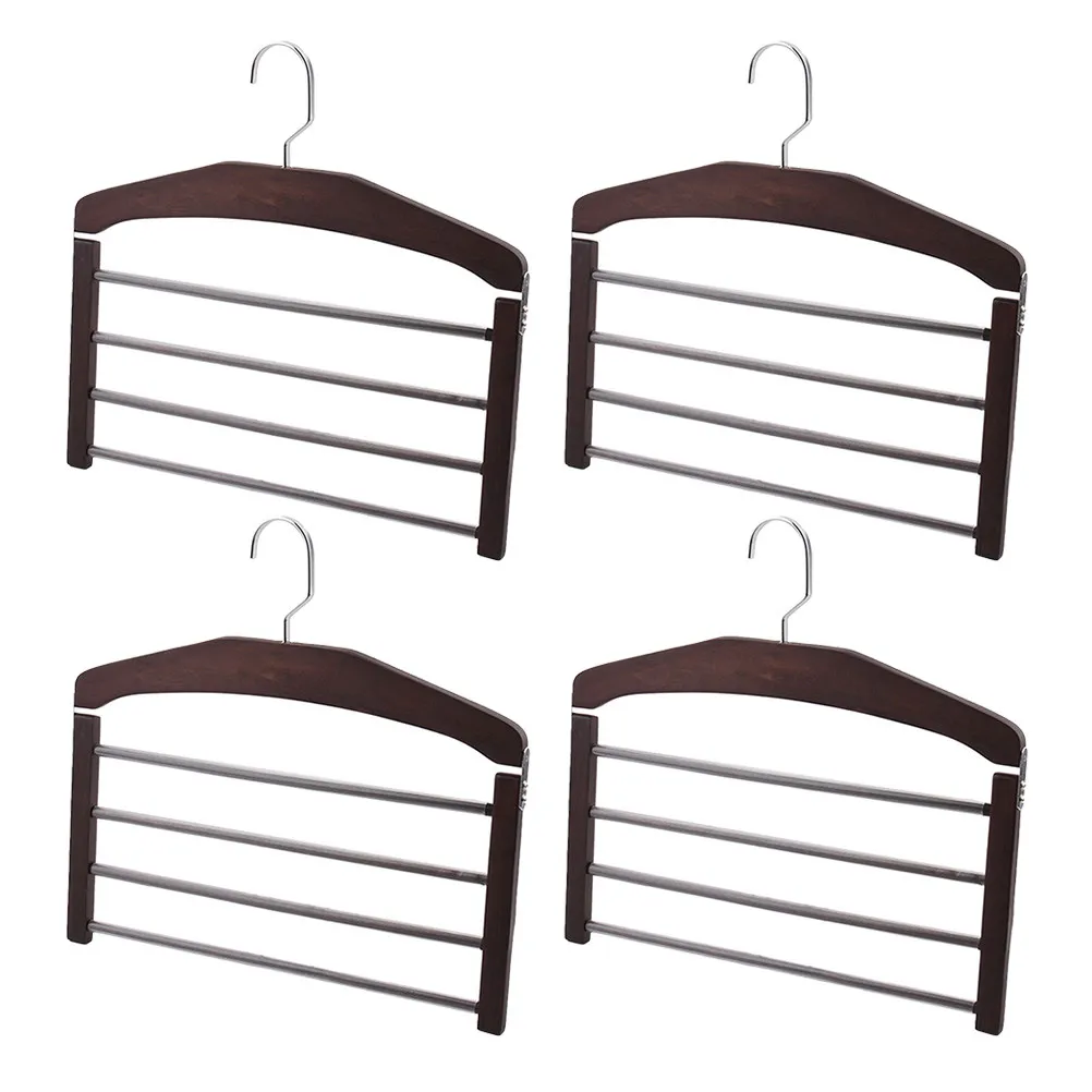4Pcs Solid Wood Pants Hanger Multifunctional Non-Slip Multi-Layer Clothes Organizer Space Saver for Home Closet