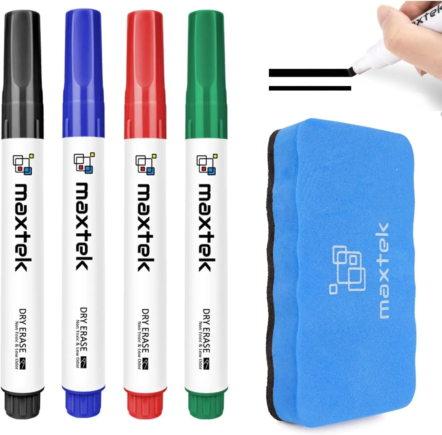 

Low Odor Dry Erase Markers Chisel Tip 4 Pack with Magnetic Eraser for Whiteboard