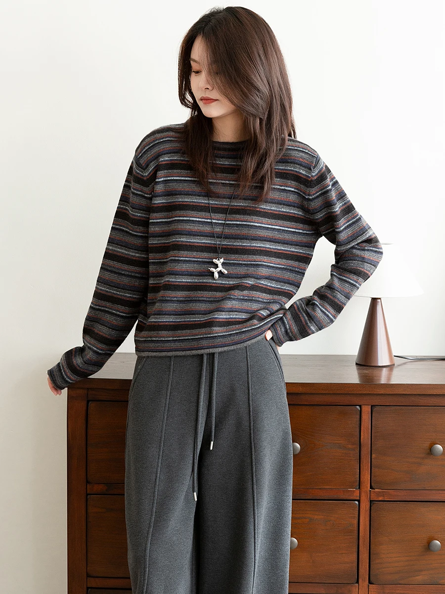

Retro Striped Camere Silk Blend Women's Knitwear Loose Fit round Ne Long Sve Casual Sle Autumn Winter New Arrival