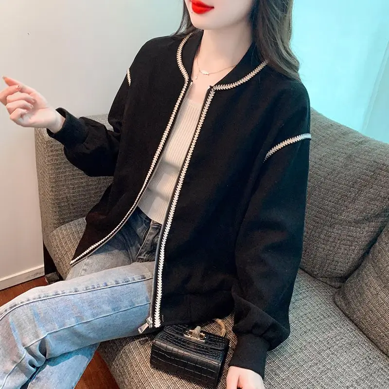 Women's Spring Autumn Solid Round neck Zipper Cardigan Lantern Long Sleeve Baseball Suit Coats Fashionable Casual Loose Tops