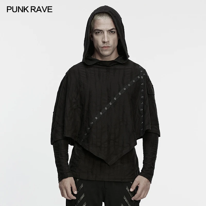 

PUNK RAVE Men's Wasteland Punk Tattered Knitted T-shirt Fake Two-piece Irregular Cutting Eyelet Webbing Splicing Handsome Tops