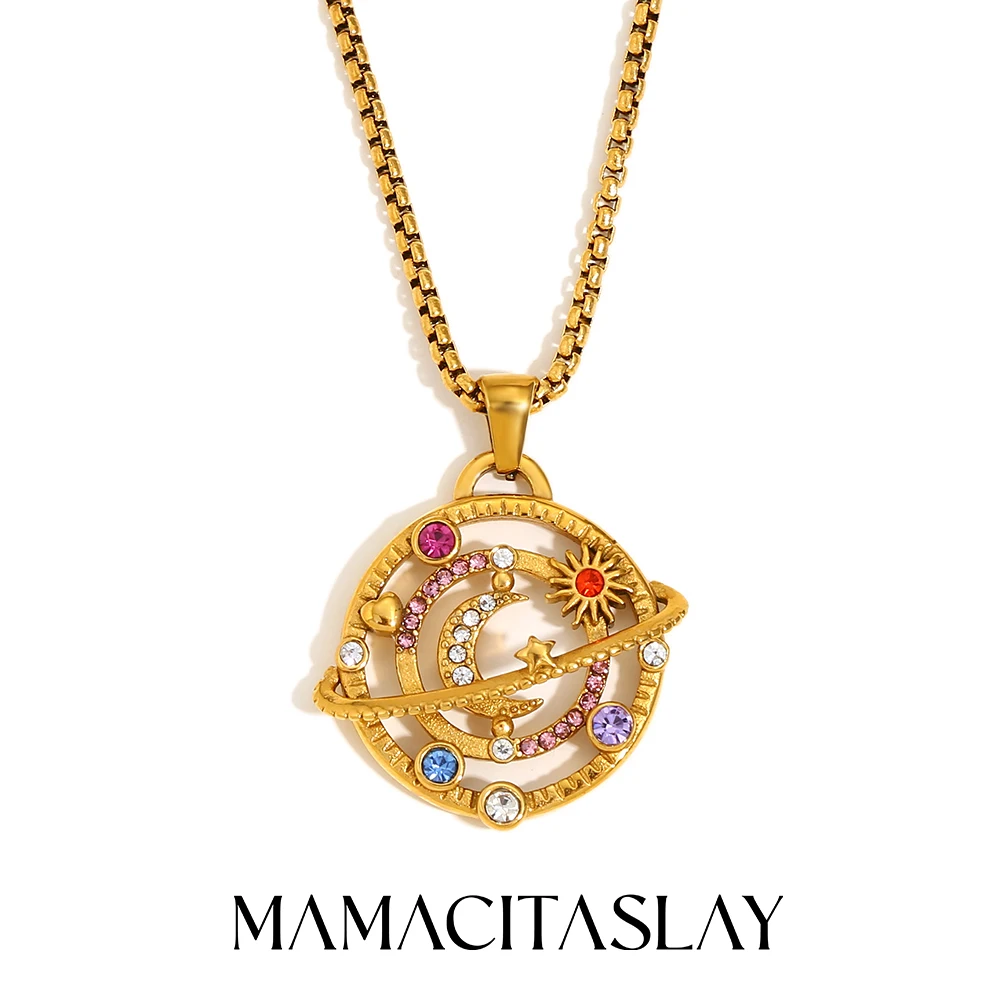 MamacitaSlay Galaxy Color Moon Star Heart Round Pendant Square Pearl Chain necklace one piece stainless steel jewelry woman