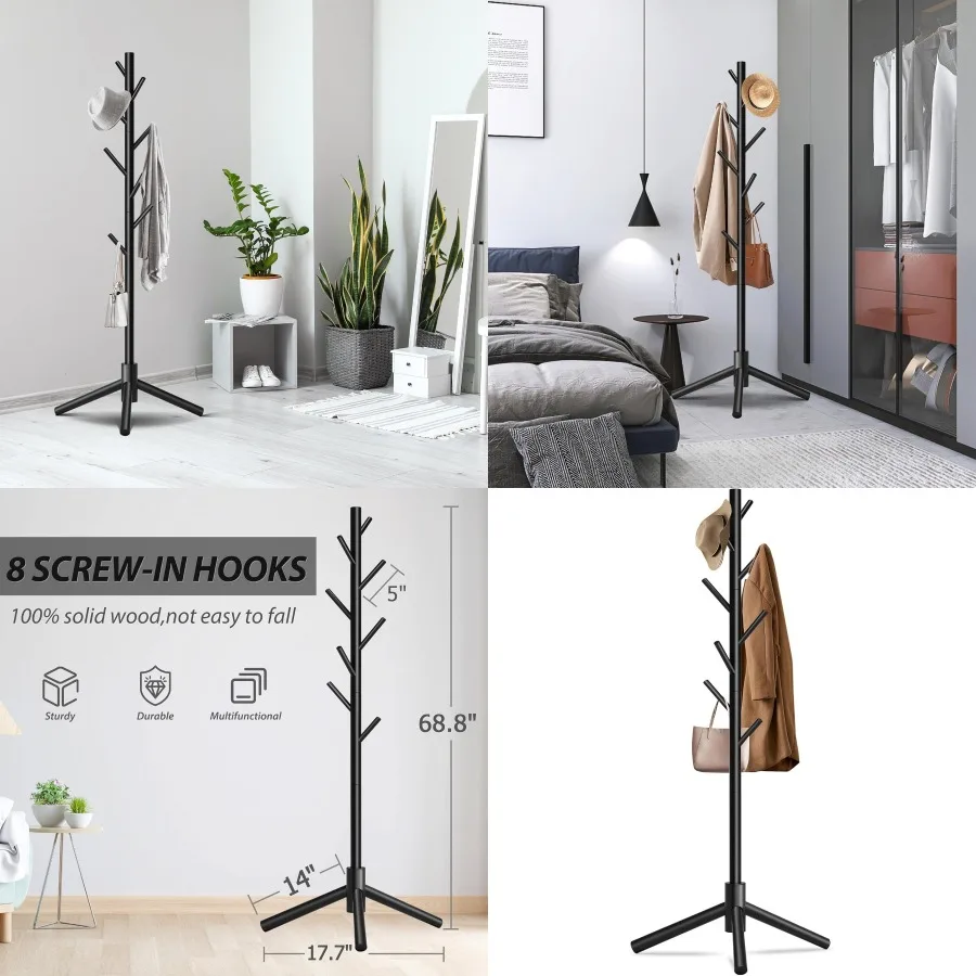 

Durable wooden coat rack with stable triangular base and 8 hooks featuring 3 adjustable heights for versatile use in bedroom ha