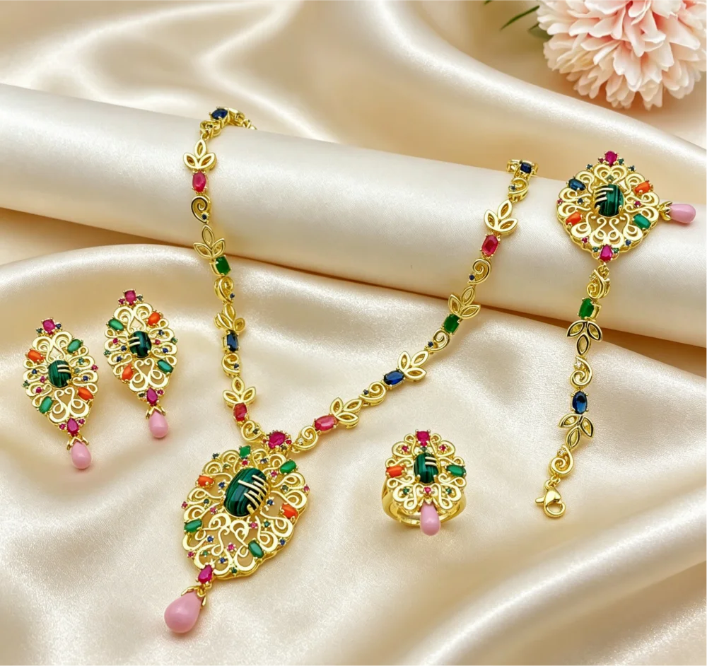 Falair Women Jewelry Set Gold Plated Copper with Colorful Zircon Necklace Earrings Ring Bracelet for Wedding Banquet