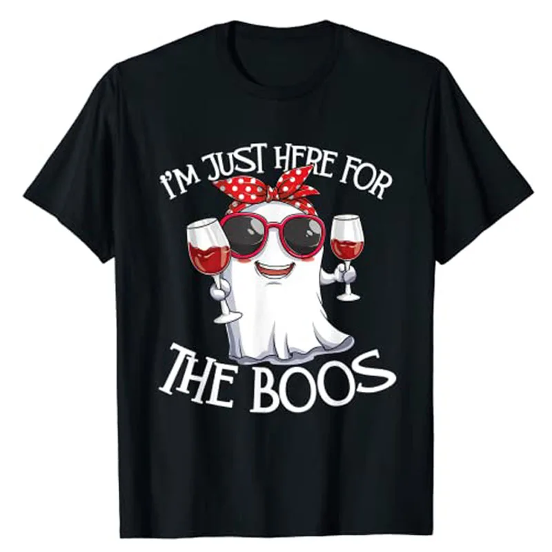 

I'm Just Here for The Boos Funny Halloween Party Costume Women Ghost Wine T-Shirt Graphic Tee Tops Lovely Short Sleeve Blouses