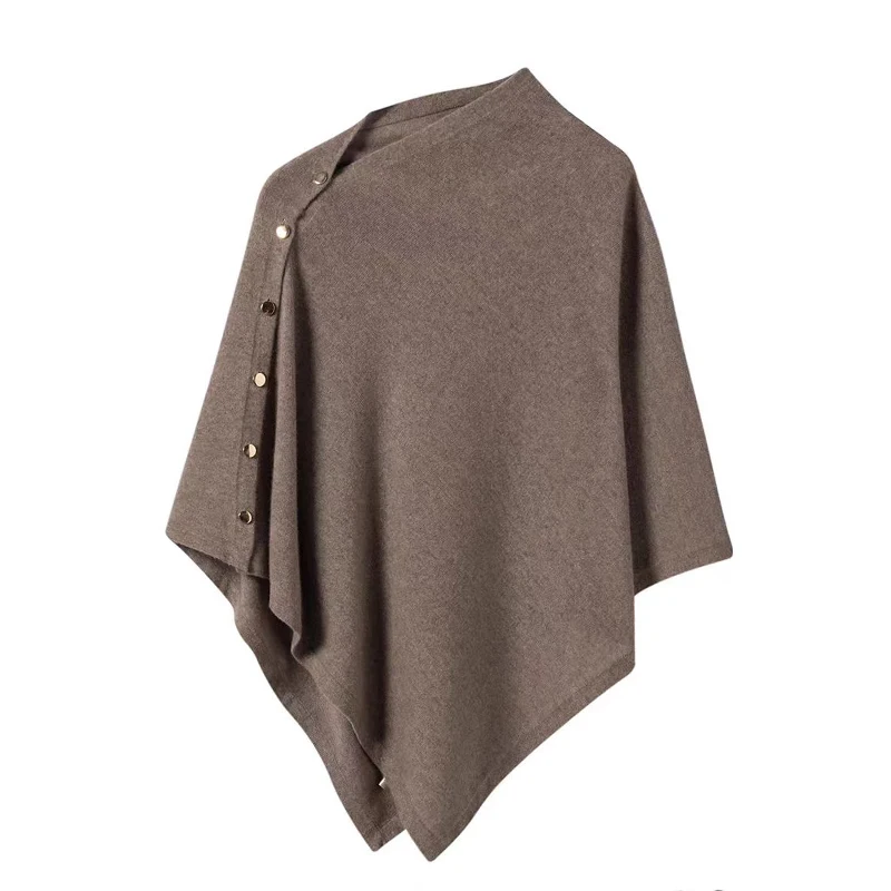 Women's Asymmetric Knit Poncho with Buttons Loose-fit Sweater Cape Shawl Top Ladies Office Autumn Winter Elegant Outfit