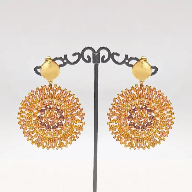 Women's Bohemian Handcrafted Earrings with Rice Beads Crystal Hollow Circle Fashionable Textile Jewelry Accessory