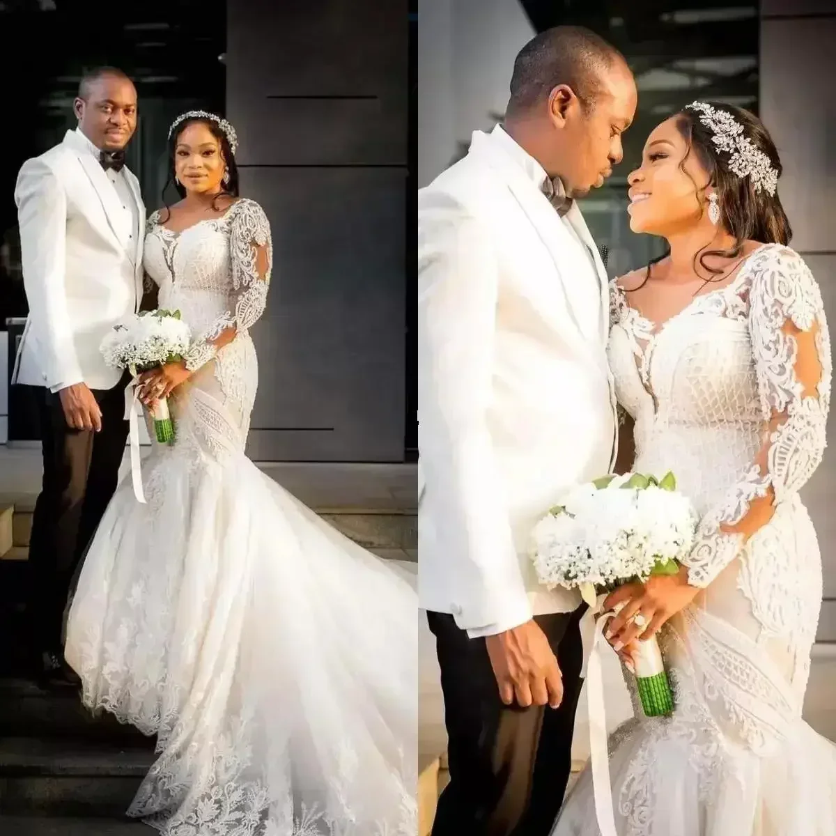 Personalizado renda applique sereia vestidos de casamento vestido de noiva colher pescoço mangas compridas trem varredura feito sob encomenda novia pl