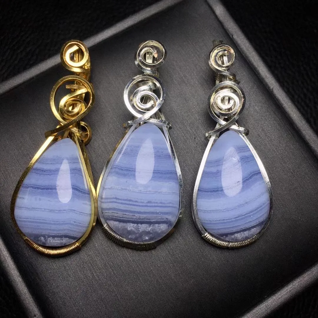 1 Pc Fengbaowu Natural Blue Lace Agate Water Drop Pendant Reiki Healing Stone Wire Wrapping Jewelry Gift For Women Men