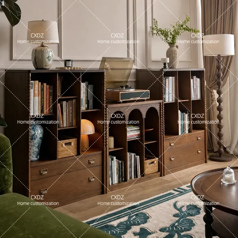 Retro Solid Wood Bookcase Modular Combination Low Cabinet Half Wall Bookshelf Floor Storage Unit for Living Room Home