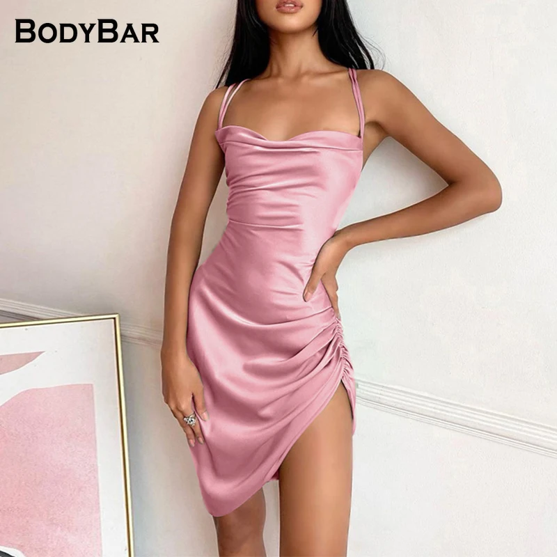 

2021 Sexy Low-cut Suspender Dress Ladies Large Size Slit High Waist Backless Dresses Satin 3XL Sling A Line Dress Vestido Femme