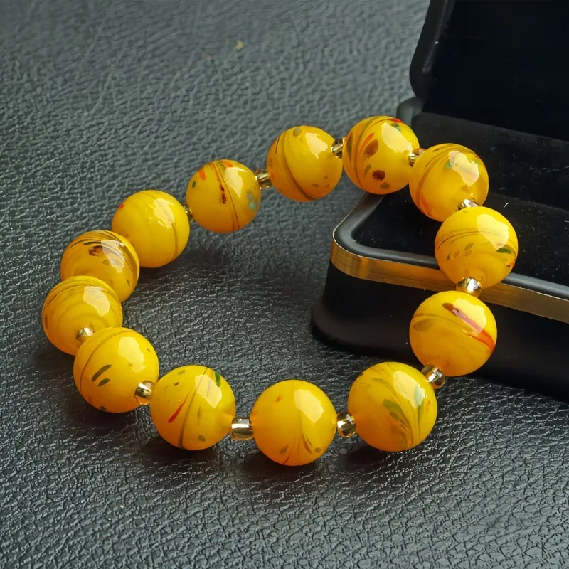 Antique Old Glass Bead , Hand-painted Phoenix Tail Design, Handmade Zaki Lam Vintage Tibetan Silver Citrine DIY Bracelet