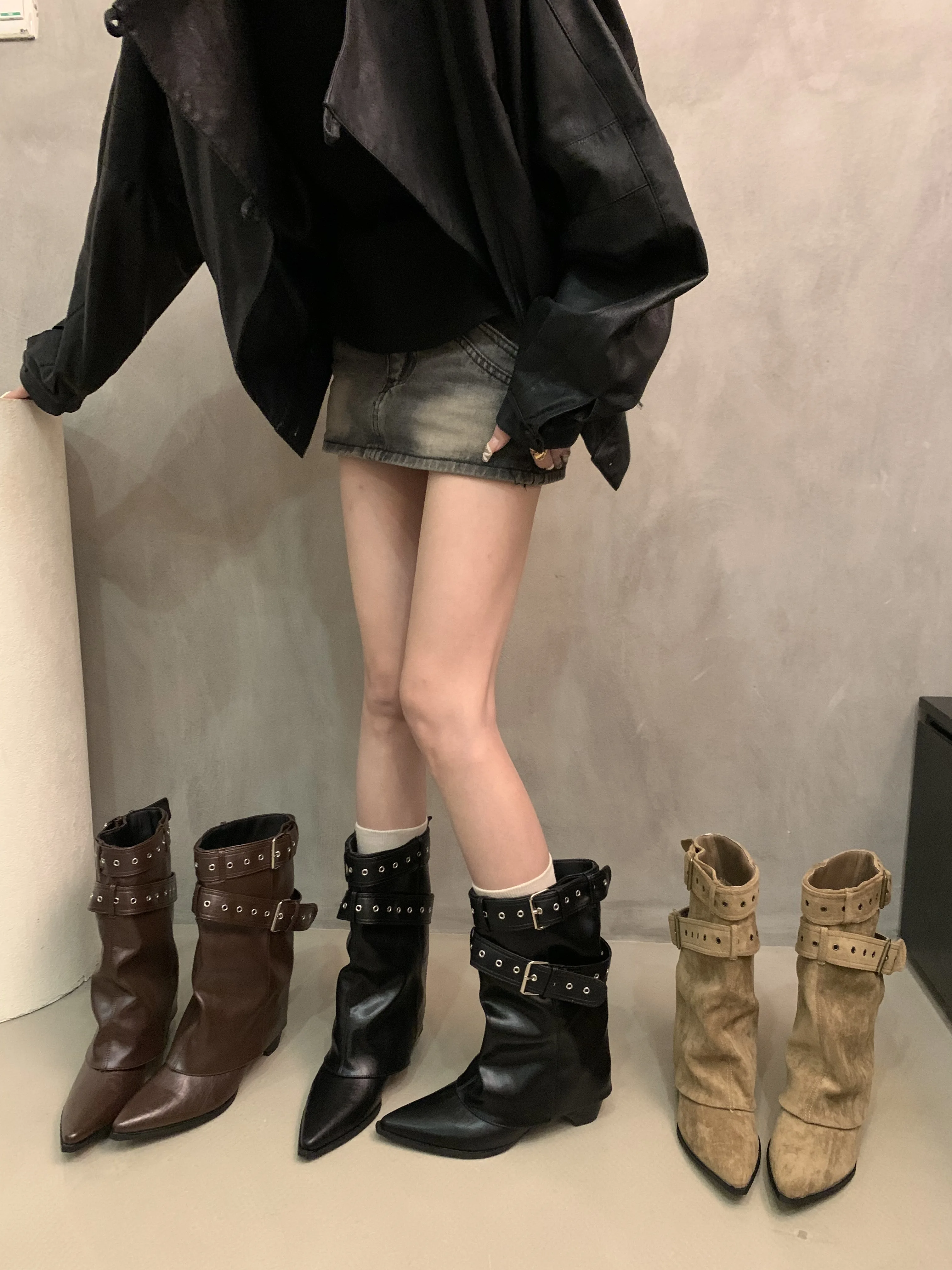 

American Spice Girls Belt Buckle Pants Short Boots Early Autumn New Niche Design Western Boots