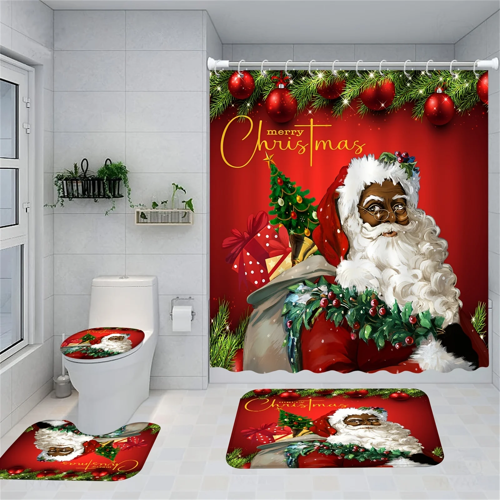 Santa Claus Shower Curtain Set with Non-Slip Rugs Polyester Waterproof Christmas Decorations Bathroom Accessories with 12 Hooks