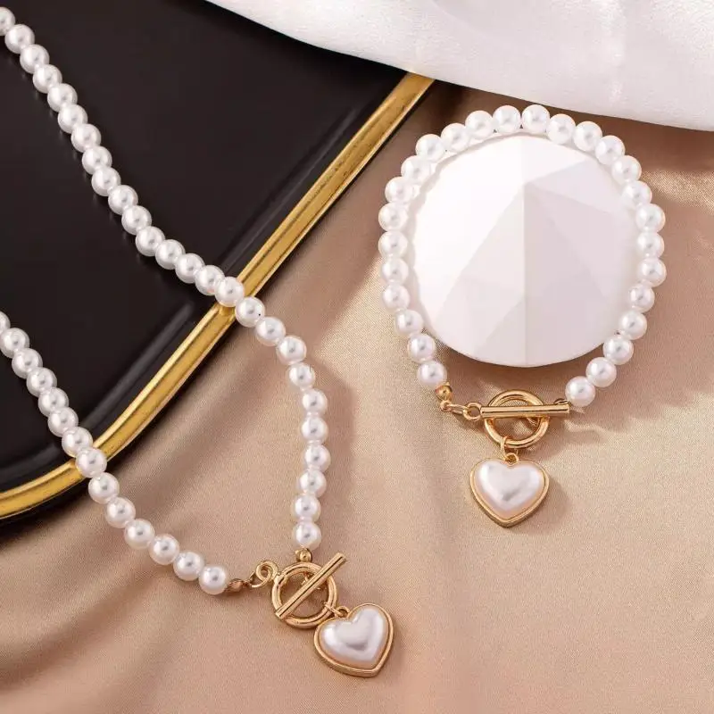 Luxury Style Faux Pearl Necklace Bracelet Set 1/2Pcs Gold Toggle Clasp Heart Pendant for Formal Event